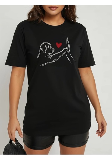 Sensuelle Kadın Kısa Kollu Bisiklet Yaka Köpek Baskılı Viskon Bluz Siyah