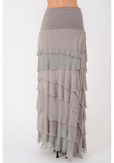 İtalyan 2 Beden Ince Gösteren Kat Kat Ipek Etek & Straplez Elbise Vizon