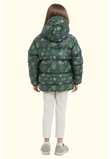 Kız Çocuk Pusula Desen Polar Su Ve Rüzgar Geçirmez Kapüşonlu Şişme Kışlık Mont Yeşil