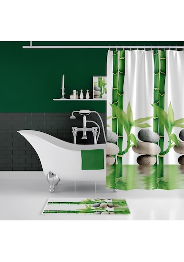 Banyo Paspas Ve Tek Kanat Duş Perdesi 1x180x200 Set Banyo Halısı 10056 Yeşil