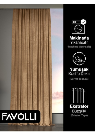 Br Favolli Kadife Dokulu Kaju Rengi Ada Fon Perde Ekstrafor Büzgülü Dream Series Kaju