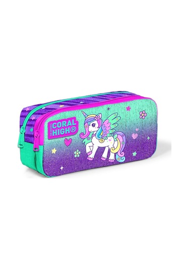 Coral High Kids Mor Su Yeşili Unicorn Desenli İki Bölmeli Kalem Çantası 12059