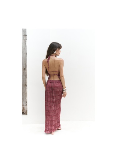 Sofi Transparan Açık Bordo Crop Etek Takım Açık Bordo