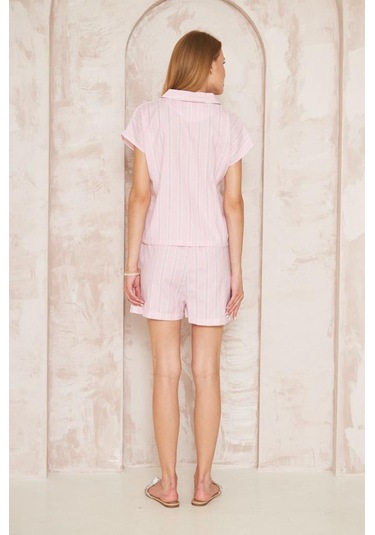 Kadın Özel Kumaş Ceket Yaka Beli Lastikli Kısa Kol Gömlek Cepli Şort Takım 3625290 Pembe