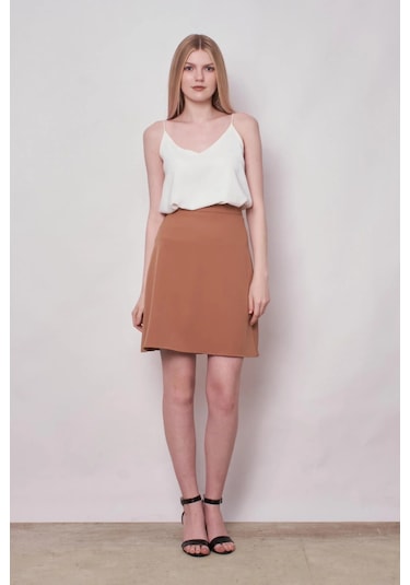 Yüksek Bel Hafif Likralı Kumaş Diz Boy Çan Etek-camel CAMEL