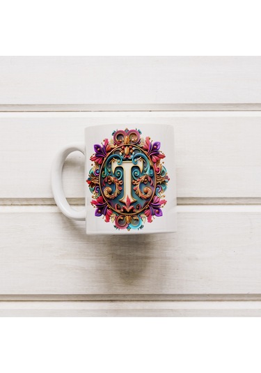 T Harfi Boho Bardak, Renkli Özel Tasarım Hediyelik Harfli Kupa, 330ml Porselen Beyaz