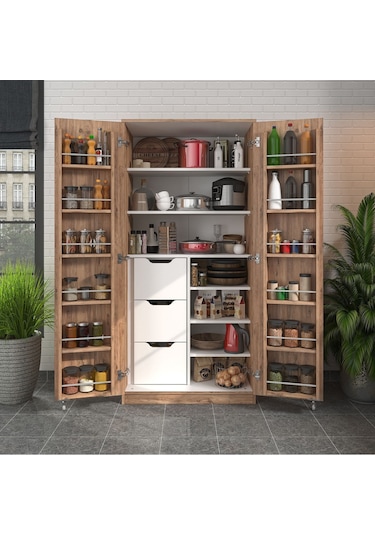165 Derece Açılabilir 2 Kapaklı, 3 Çekmeceli, Kavanoz Raflı Kiler Ve Erzak Mutfak Dolabı Atlantik Çam