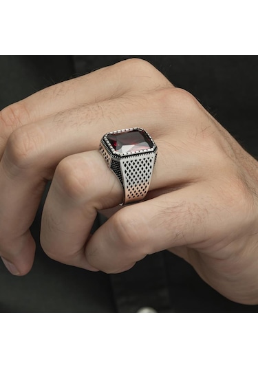 Kare Kırmızı Taşlı 925 Gümüş Erkek Yüzük