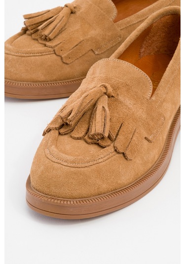 Milina Toprak Süet Püsküllü Hakiki Deri Kadın Loafer Ayakkabı Toprak