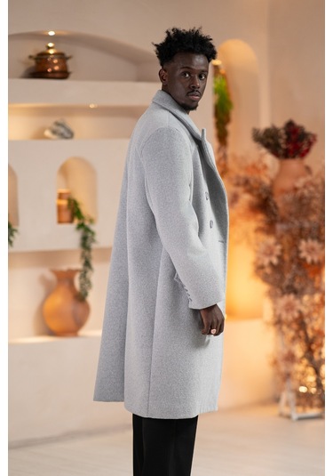 İtalyan Geniş Yaka Oversize Bol Kesim Salaş Uzun Kaban Gri