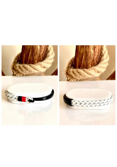 %100 Deri&krom Kombin Erkek Bileklik Net 22cm Türk El Üretimi Siyah - Beyaz