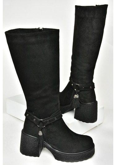 Fox Shoes T996224002 Siyah Süet Kalın Topuklu Kadın Çizme Siyah-süet