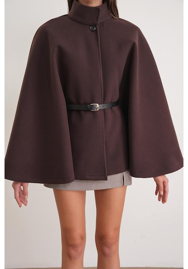 4768 Kadın Kemerli Panço Premium Kaşe Ceket Kahve Kahve