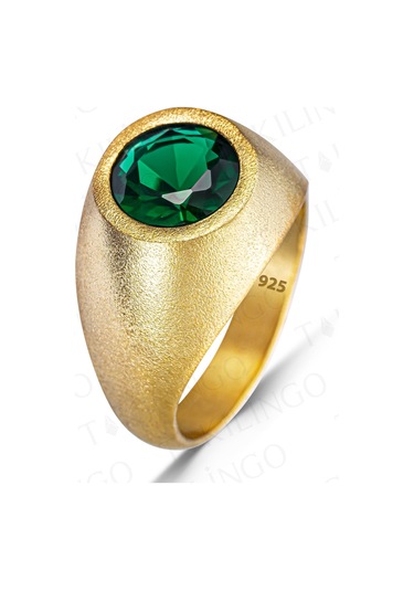 925 Ayar Gümüş Altın Kaplama Yuvarlak Yeşil Zirkon Taşlı Sade Erkek Yüzük Gümüş