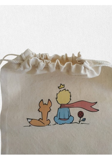 Küçük Prens Desenli Büzgülü Ham Bez Kese 20x30 Cm, 3 Adet Açık Bej