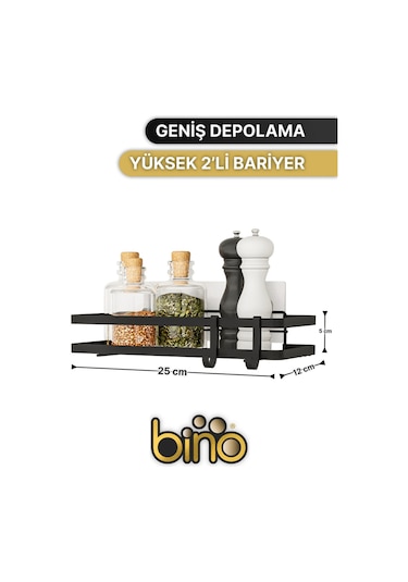 Bino Mutfak Rafı 2'li Set Yapışkanlı Lüks Modern Siyah Metal Baharatlık Rafı Organizer Düzenleyici Siyah