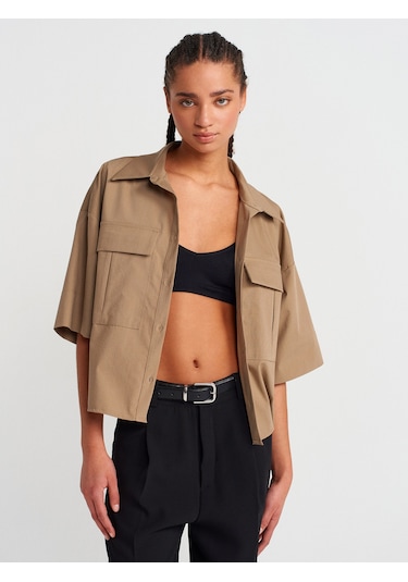 Dilvin 50495 Oversize Cepli Gömlek-camel CAMEL