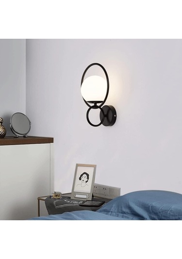 Cam Top Abajur Arka Plan Duvar Dekorasyon Duvar Işığı İle Yaratıcı Metal Yüzük Duvar Apliki E27 Orta Yüzyıl Karanlık Rose Gold - Siyah