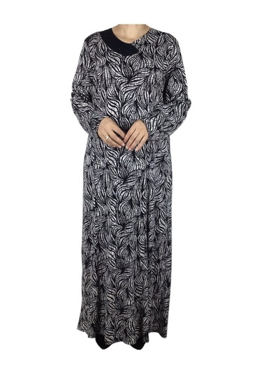 Kadın Desenli Oskar Kumaş Kulplu Elbise Lacivert