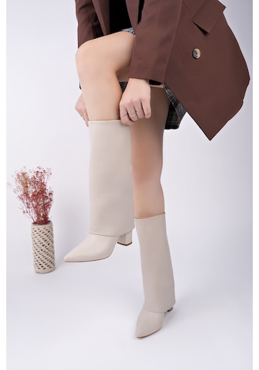 Muggo Rebeca Sivri Burun Kalın Topuklu Kadın Çizme Ten