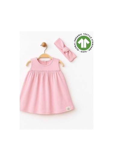 Zekids Kız Bebek Organik Pamuklu Bandanalı Kolsuz Elbise-15906 Pembe
