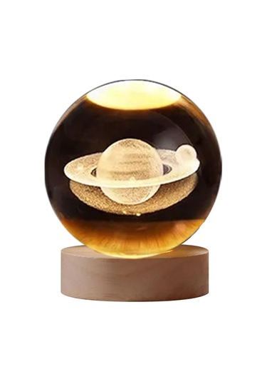 Yunboo 6cm Kristal Top + Ahşap Tabanlı 3d Lazer Gravürlü Ay Galaksi Led Gece Lambası Şeffaf