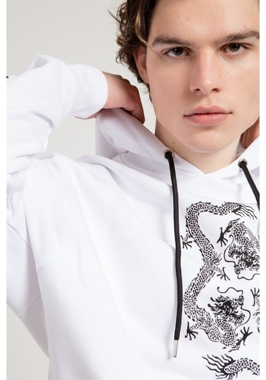 Jahr Marc Dragon Baskılı Beyaz Oversize Erkek Sweatshirt Beyaz