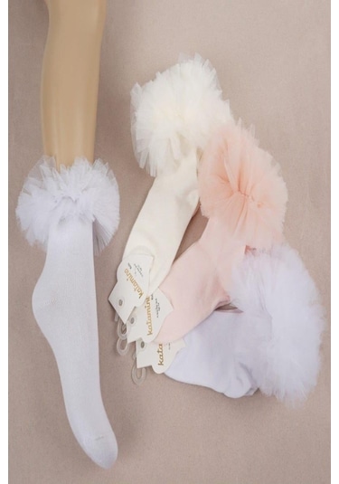 1'li Kız Çocuk Fırfır Detaylı Beyaz Soket Çorap-1314 Beyaz