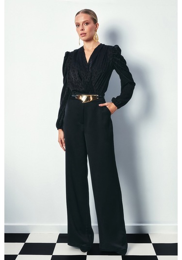 Sateen Kruvaze Desenli Bodysuit Bluz - Siyah-134273