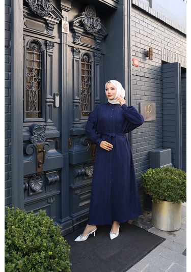 Kadın Lacivert Boydan Düğmeli Yarasa Kol Kuşaklı Lara Keten Uzun Tesettür Elbise Lacivert