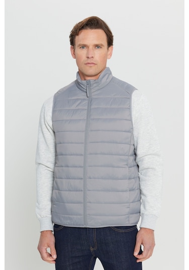 Erkek Grı Rüzgar Geçirmez Taşınabilir Çantalı Sıcak Tutan Elyaf Dolgulu Ultra Hafif Standart Fit Şişme Yelek Gri