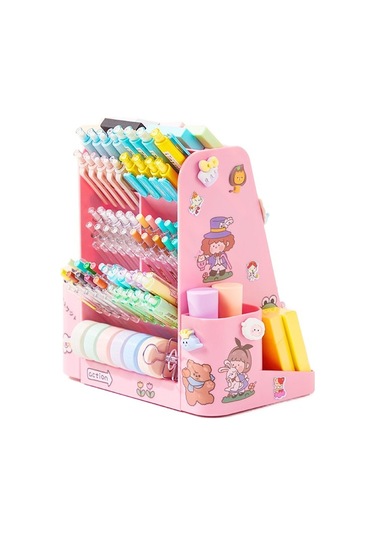 Pratik Döner Mekanizmalı Öğrenciler İçin Geniş Kapasiteli Masaüstü Organizasyon Kutusu Çok Amaçlı Kalemlik Ve Kırtasiye Depolama Çözümü Pembe