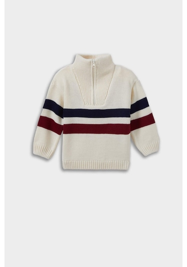 Defacto Erkek Bebek Dik Yaka Fermuarlı Çizgili Kazak C8881a525wner42 Ekru