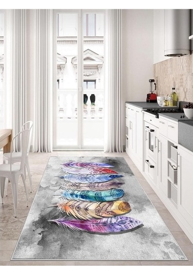 Gri Kaymaz Tabanlı Halı Makinede Yıkanabilir Halı Yolluk Gri