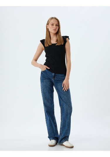 Koton Fırfırlı Karpuz Kol Tişört Yuvarlak Yaka Ribanalı Slim Fit Siyah 5wak10179ek Siyah