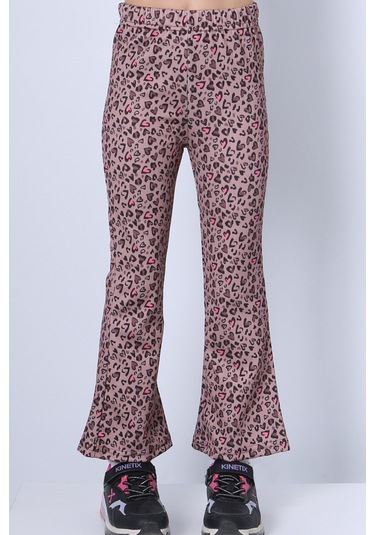 Kız Çocuk Tayt Leopar Ve Kalp Desenli İspanyol Paça C53 Pembe