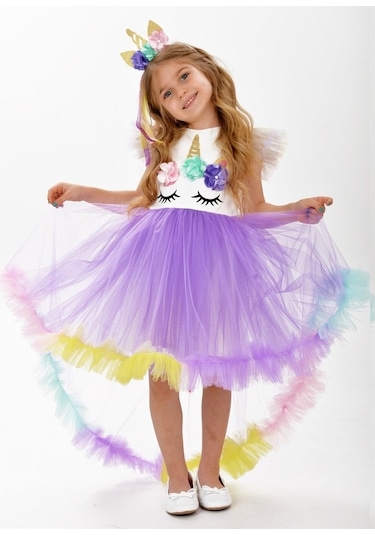 Unicorn Leylak Kuyruk Detaylı Gökkuşağı Taçlı Kız Çocuk Parti Elb