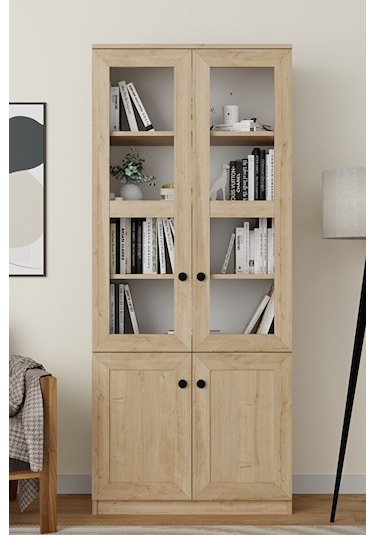 Lisa 4 Kapaklı Safir Meşe Vitrin -kitaplık Ve Çok Amaçlı Dolap Safir Meşe