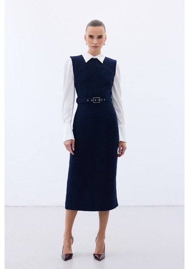 Kemerli Tüvit Elbise - Lacivert-136577 Lacivert