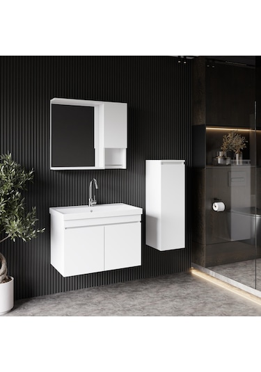 Karen Banyo Deniz 80 Cm Lavabolu, Aynalı Banyo Dolabı, Lavabo Dahil, Boy Dolabı Dahil, Beyaz