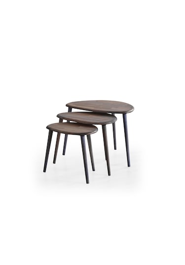 Masif Doğal Ahşap Zigon Sehpa 3'lü Set, Modern Antrasit Yan Sehpa