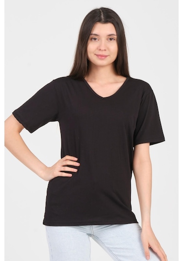 As Collection Siyah V Yaka Kısa Kol Örme Kadın T-shirt Siyah