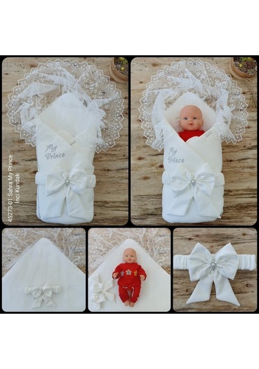 Dantelli Özel Taçlı Bebek Kundağı Unisex Bebek Dış Kundak Battaniyesi Hastane Çıkışı Hediyelik Knd45273 Ekru