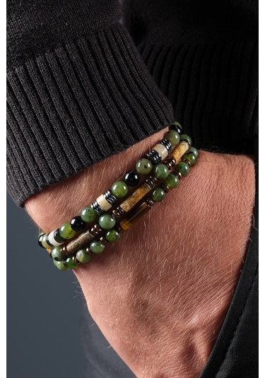 Ssilhoutte Doğaltaş Sertifikalı Yeşim Taşı Kaplangözü Ve Akik Kadın&erkek Set Doğal Taş Bileklik Yeşil