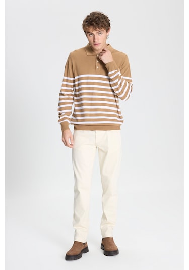 AC&Co / Altınyıldız Classics Erkek Vızon-ekru Standart Fit Normal Kesim Polo Yaka Çizgili Triko Kazak Vizon - Ekru