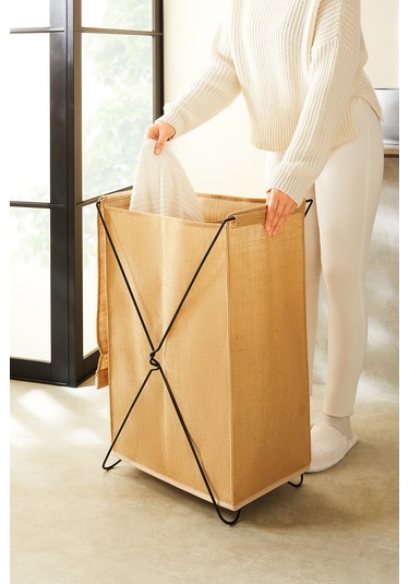 Ocean Home Textile Katlanabilir Bölmeli Siyah Metal Destekli Naturel Jüt Çamaşır Sepeti 44 x 29.5 x 63 cm