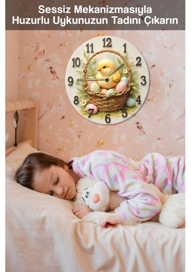 Sevimli Civcivli Sepet Tasarımlı Mdf Duvar Saati 33 Cm Sdw328 Renkli
