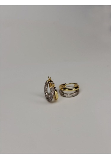 Çift Bantlı Zirkon Taşlı Altın Renk Halka Küpe Kadın Çelik Küpe Altın