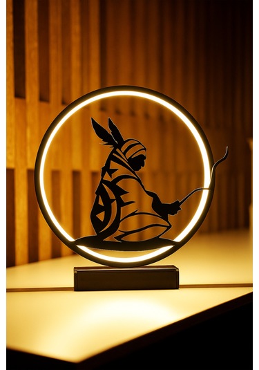 Kızılderili Figürlü Kablolu Metal Led Masa Lambası Dairesel Etnik Tasarım Gece Lambası Kızılderili