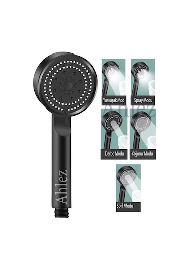 Maxima 5 Fonksiyon Duş Başlığı + Siyah Pvc Hortum + Siyah Mafsal Mat - Siyah